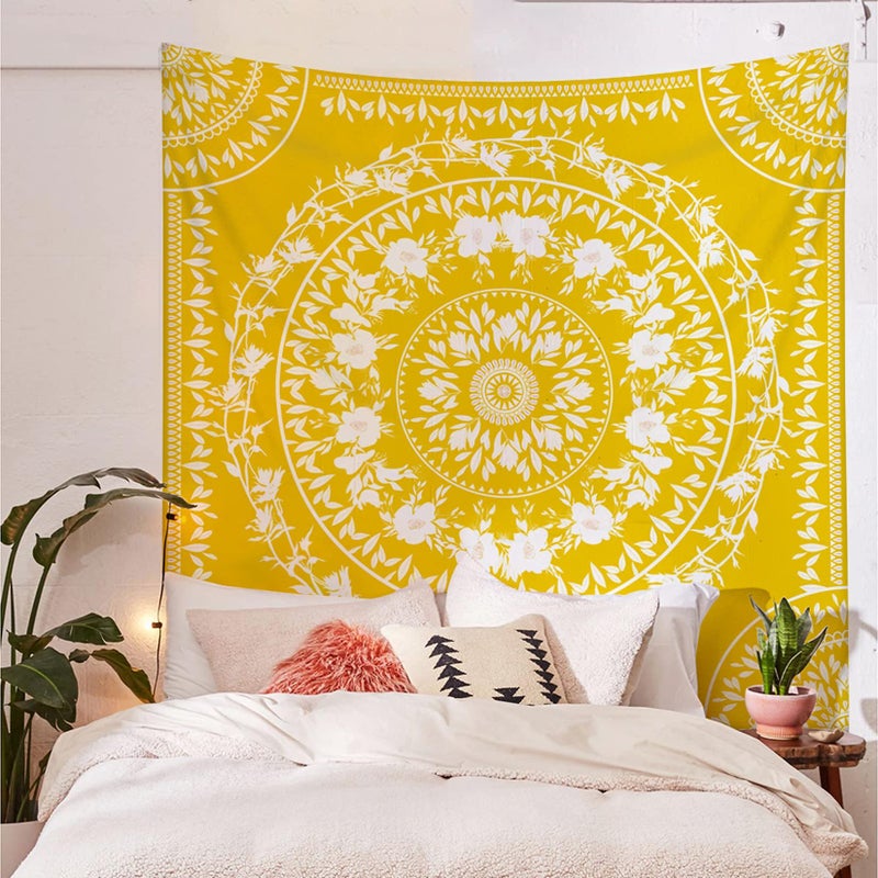 Simpkeely Sketched Floral Medallion Yellow Tapestry, Bohemian Mandala Wall Hanging Tapestries, Indian Art Print Mural for Bedroom Living Room Dorm Home DÃ©cor 59.1 x 80 Inches (Yellow) - Image 4